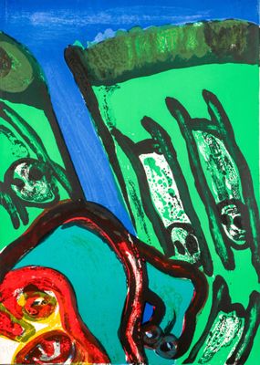 peinture abstraite représentant une femme avec une guitare dans un champ vert