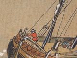 a painting of a boat in the water with people on it