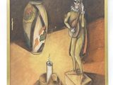 un tableau représentant un homme debout à côté d'un vase et d'une bougie
