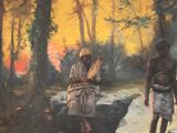 a painting of two men sitting on a rock in the woods