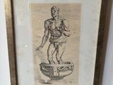 an old drawing of a man standing on top of a bowl