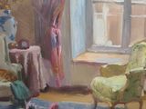 a painting of a living room with a chair and a vase of flowers