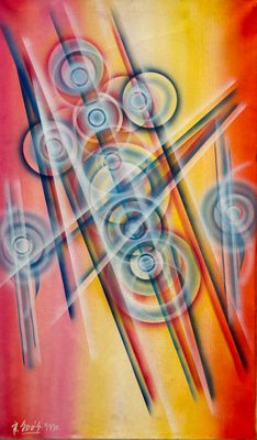 une peinture abstraite composée de cercles et de lignes sur fond rouge
