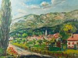 a painting of a view of a town from a window