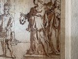 drawing of a group of people standing around a man on a horse