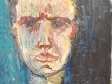 une peinture à l'huile représentant le visage d'un homme sur fond bleu