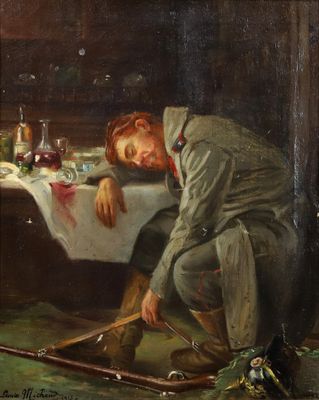 un tableau représentant un homme assis à une table, un couteau à la main
