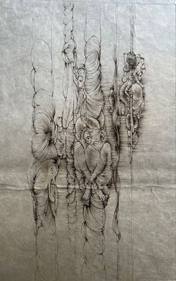 drawing of a group of people hanging from a rope