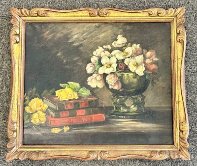 painting of flowers in a vase and books on a table