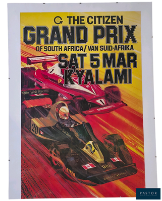 a poster of a race car racing on a track