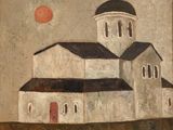 painting of a white church with a red door and a black roof