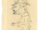un vieux dessin représentant un homme coiffé d'un chapeau en train de fumer une cigarette