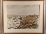 une image représentant un tableau d'un rivage rocheux avec des vagues qui déferlent
