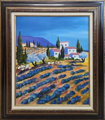 un tableau représentant un paysage avec des champs de lavande et une église au loin