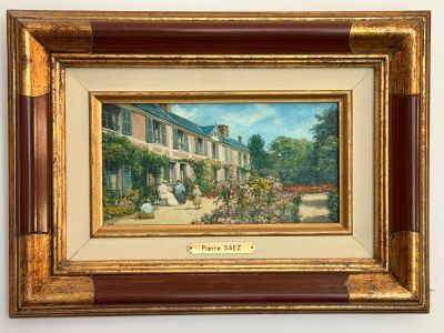 une peinture à l'huile représentant une maison avec un jardin devant elle