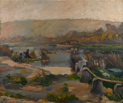 painting of a painting of a boat on a river with people in the background