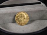 une pièce d'or posée dans une boîte contenant un crayon