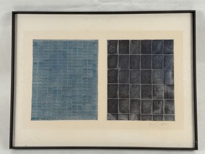 an image of a picture of two blue squares in a black frame