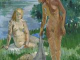 une peinture à l'huile représentant deux femmes assises dans l'herbe au bord d'une rivière