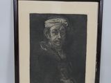 a black and white drawing of an old man with a turban