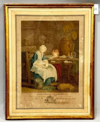 un vieux tableau représentant une femme assise à une table avec un bébé