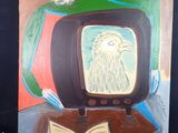 un tableau représentant un téléviseur sur lequel est posé un oiseau