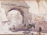 a painting of a man riding a donkey in front of a building