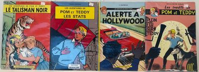 Quatre bandes dessinées anciennes sont alignées sur une étagère