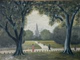 un tableau représentant des personnes marchant sur un sentier dans un parc