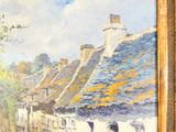a painting on the wall of a building with a clock on it