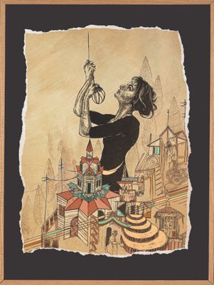 painting of a woman holding a kite above a cityscape