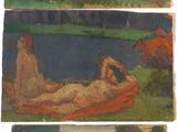 three paintings of people laying on a bed in a room