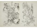 two chinese ink drawings of a man and a woman on horseback