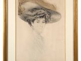 a drawing of a woman with a large hat on her head
