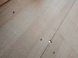 a wooden floor with holes in it and a cat laying on the floor