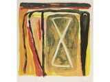 an image of a painting of a cross on a yellow background