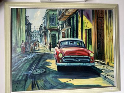 Anonyme. Vue d'une rue à Cuba. HST.