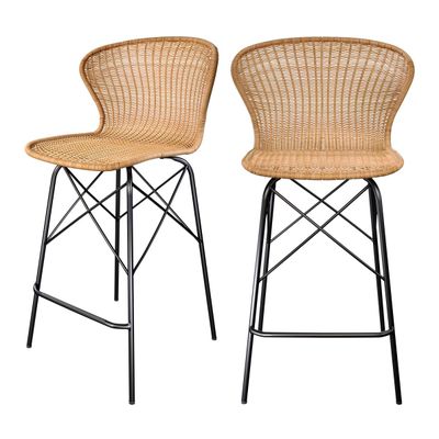 paire de tabourets de bar en osier avec des pieds en métal noir