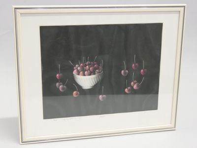 painting of cherries in a white bowl on a black background