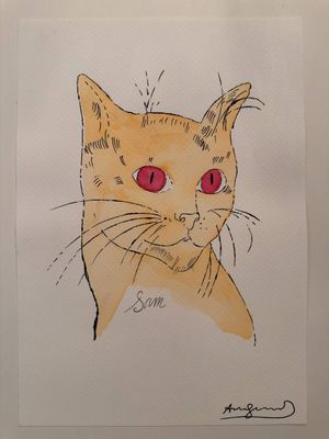 painting of an orange cat with red eyes on a white background