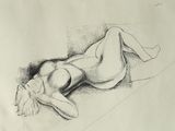 dessin au crayon représentant une femme allongée sur le dos, par terre