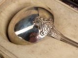 a silver spoon in a box with a spoon in it