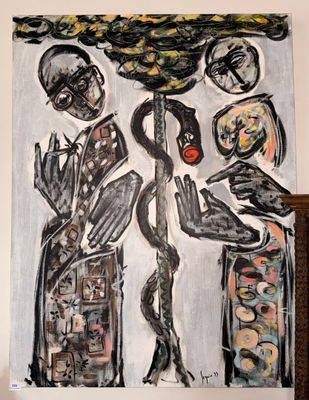 un tableau accroché au mur d'un salon, représentant un homme et une femme