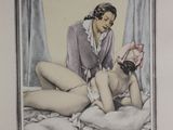 a picture of a woman sitting on a bed with a baby