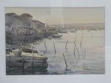 une aquarelle représentant une scène portuaire avec des bateaux