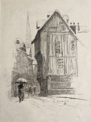 a drawing of a person walking down the street with an umbrella