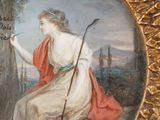 a picture of a painting of a woman holding a stick