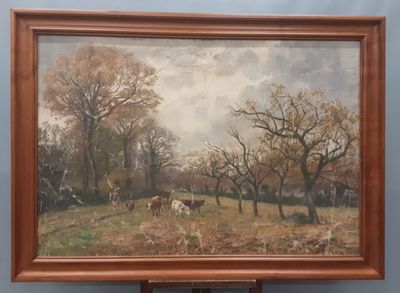 "Scène champêtre". Huile sur toile avec traces de signature …