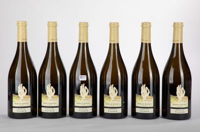 six bottles of wine are lined up in a row