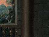 a dog that is laying down in front of a painting